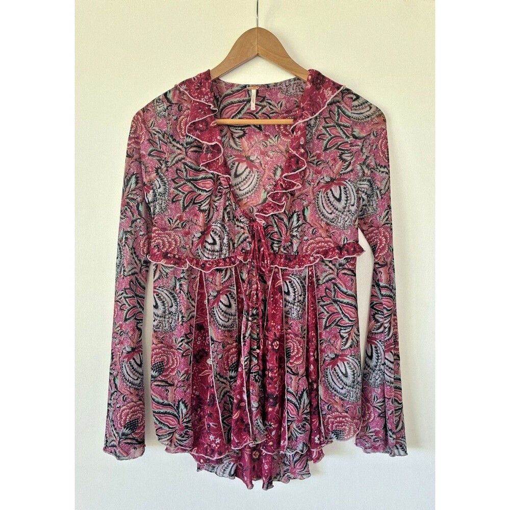 Free People Wildest Dreams Tunic Size XS Floral Ruffle Tie-Front Long Sleeve Red